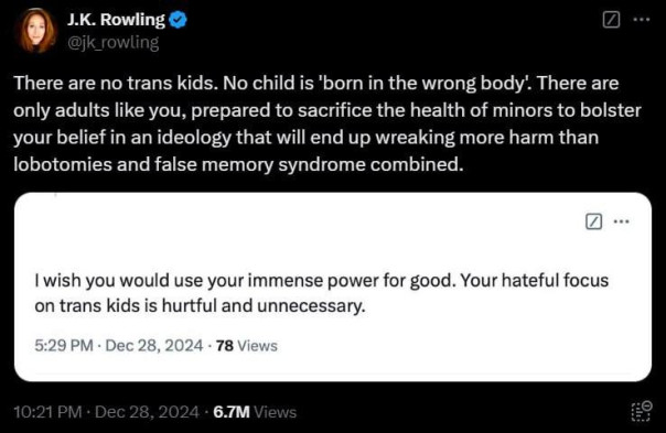 Автор книг о Гарри Поттере Джоан Роулинг отказалась признавать существование трансгендерных* детей.