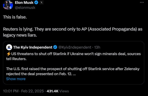 Маск назвал ложью статью Reuters о том, что ВСУ отключат от Starlink