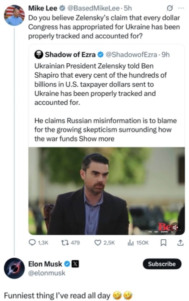 Маска рассмешило заявление Зеленского об учете помощи от США