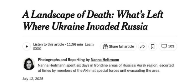 Журналистка New York Times Нанна Хайтманн провела шесть дней с российским подразделением &laquo;Ахмат&raquo; под Суджей, выпустив об этом репортаж.